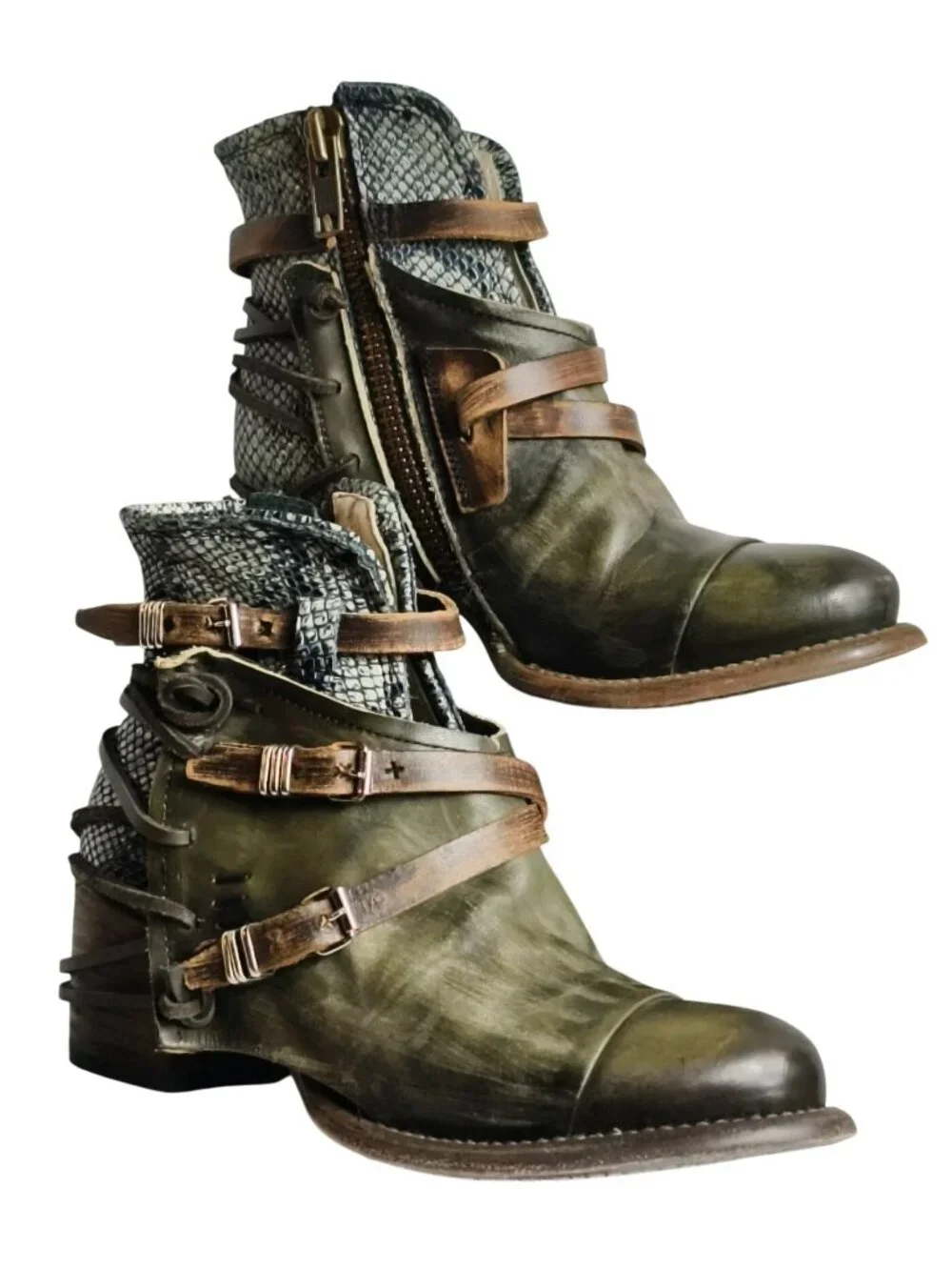 Freebird Crue Womens 7 Leather Backlace Booties Olive Green Distressed Buckle